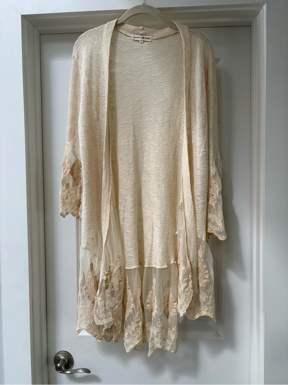 Altar'd State Cream Lace-Trim Open-Front Kimono Cardigan